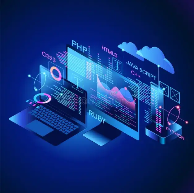 Illustration of a laptop, monitor and cloud servers running code in Python, JavaScript and C++